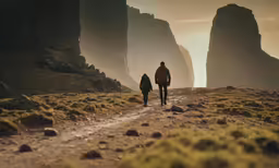 two people walking on the trail through a field of moss