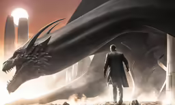 man standing in front of a dragon