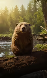 a furry brown bear sitting in front of a lake