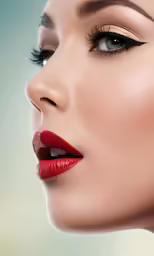 a woman with red lipstick in profile
