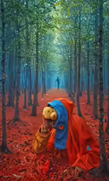 a boy in the woods dressed like winnie the pooh