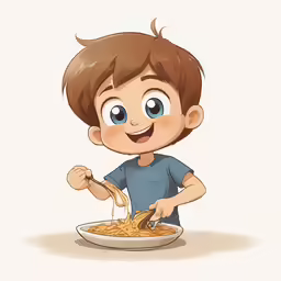 an adorable kid in blue is eating spaghetti