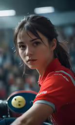 a person sitting in front of a crowd holding a steering wheel