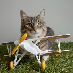 a cat sitting next to a toy airplane