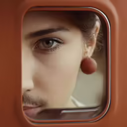 a man looking through an orange rectangular window