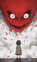 a person with red eyes looking into the sky at something