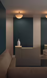 a dimly lit room with no one sitting in the chair