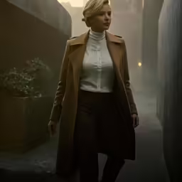 woman walking on pavement between buildings, outdoors