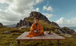 a person sitting at a table in front of the ocean