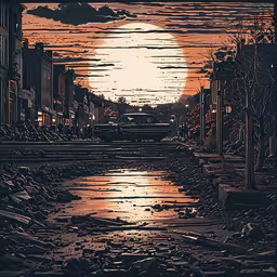 the night scene depicts the end of a river, with buildings on either side,the sun shines behind a city street with puddles