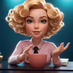 a woman in a pink shirt, black tie and holding a cup of coffee