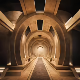 the long hallway is lit up at night