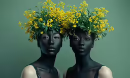 two women with dark skins, their faces covered in flowers