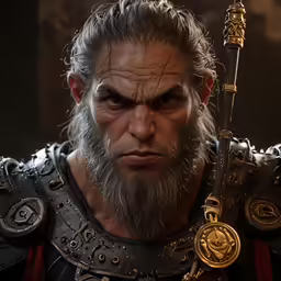 a man with a long beard holding an arm and holding a sword