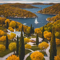 the lake surrounded by trees has yellow leaves
