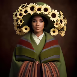 a woman wearing a green robe with flowers on her head