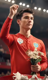 a young man holds a bouquet of flowers in his right hand