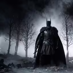 the dark knight standing in a foggy forest with two axes