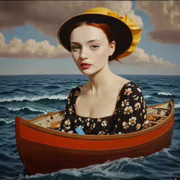 a painting of a young woman in a boat on the ocean,an oil painting of a woman in a boat on the water