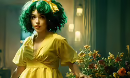 a woman with green hair in a yellow dress