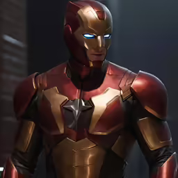 an iron man in armor in a dark room