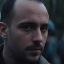 a man with a serious face staring intently at something