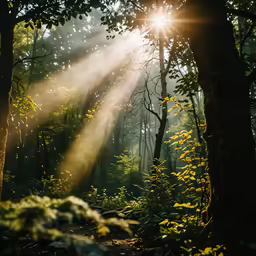sun shining through the trees in the woods