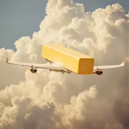 a white airplane with a box on the wing flying through the clouds