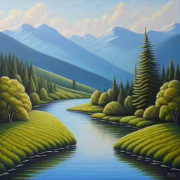 a painting of a small river, with mountains in the background,there is a very nice painting on the wall