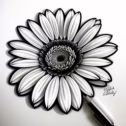 a pen is sitting in front of a drawing,a black and white drawing of a sunflower with sharpie markers