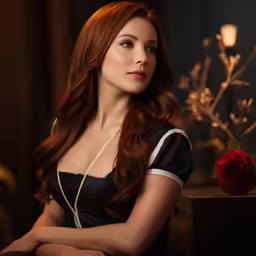 a woman wearing a black dress sitting next to a rose