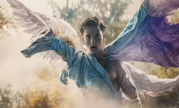 the man in the dress has wings on his back