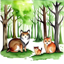 three foxes in the woods by a tree,a family of foxes stands in the forest,a family of fox and two cubs sitting in the woods,watercolor painting of three foxes in the woods,two foxes, one red and the other gray, sitting in the forest