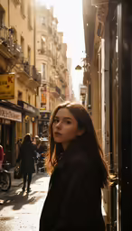 the woman is standing by the building by the bike