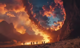 a group of people walking on a field under a fire