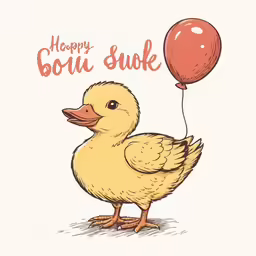 a drawing of a duck flying through the air with a balloon