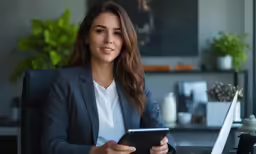 woman smiling and holding a tablet in front of her