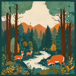 an artistic painting of a deer in the woods,a beautiful woodland scene with deer and stream