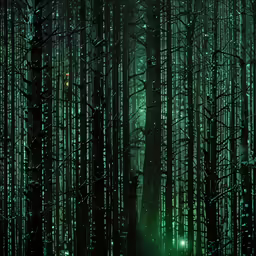 dark green and white photograph of a forest