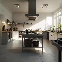 a kitchen with a center island and a stove and oven