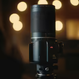 an zoom lens sits on a tripod in front of bright boke lights