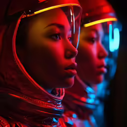 a row of models, each with an eye - catching look, in futuristic hats