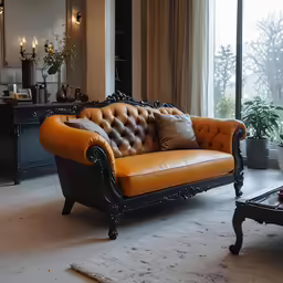 the couch is in front of large windows