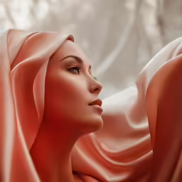 a woman with her head covered in flowing coral fabric