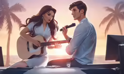 an animated picture of a man and woman sitting on a boat