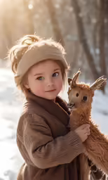 a little girl holding a small brown animal
