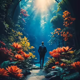 a man standing in the middle of a path to a beautiful flower forest