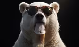 a polar bear with sunglasses and tongue hanging out