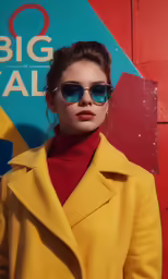 woman wearing sunglasses and a yellow coat, posing for a photo