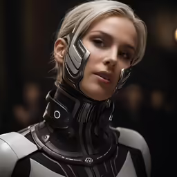 a lady with black and white gear on her face